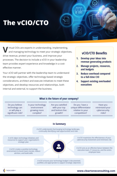 Virtual CIOs are experts in understanding, implementing,
and managing technology to meet your strategic objectives, drive revenue, protect your business, and improve your processes. The decision to include a vCIO in your leadership
team provides expert experience and knowledge in a cost-effective manner